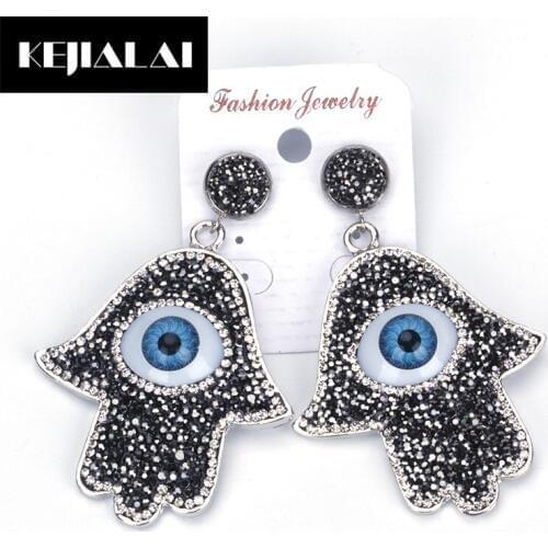 KEJIALAI New Charming Big Blue Evil Eye Hamsa Hand Earrings Paved with Full Rhinestone Super Fashion Drop Dangle Earrings Women
