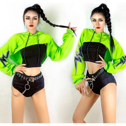 Hip Hop Jazz Dancing Costume Fluorescent Green Tops Nightclub Gogo Pole Dance Clothing Suit Dancewear Adult Rave Outfit YS2025