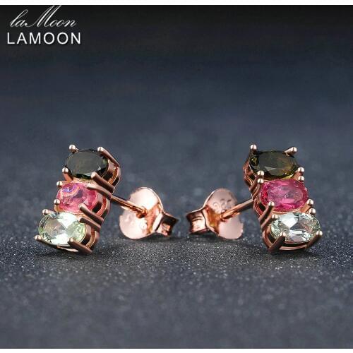 LAMOON Classic 100% Natural Multi-Color Oval Tourmaline 925 Sterling Silver Jewelry Rose Gold Plated S925 stud Earrings LMEI035