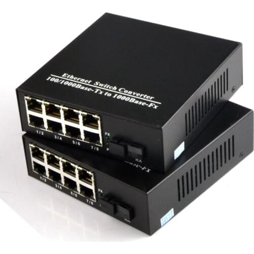 1 Pair 10/100/1000Mbps Fiber Optic Ethernet Media Converter Gigabit Single Mode Single Fiber with 8 RJ45 Port and 1 SC Port
