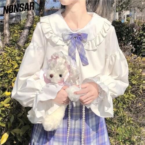 NONSAR Sweet Japanese JK Chiffon Shirt Female For Girls Lolita Solid Long Sleeve Loose White Blouse