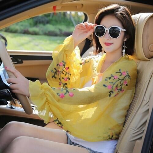 Fashion Floral Printed Women Shawls Female Ruffles Long Sleeve Poncho Outdoor Driving Sunscreen Shawls Breathable Chiffon Scarf