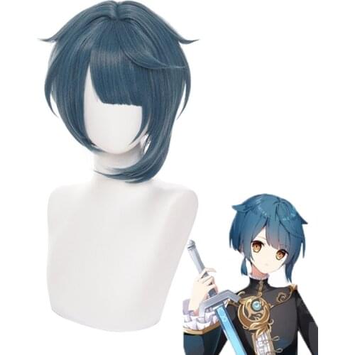 Genshin Impact Cosplay Xingqiu Wig Xing Qiu Short Grey Blue Heat Resistant Synthetic Hair Halloween Anime Cosplay Wigs