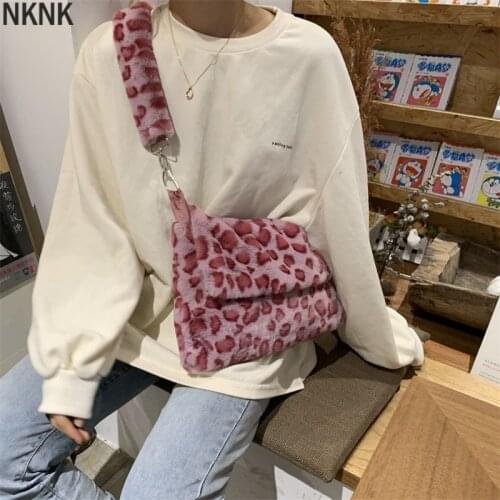 Lovely Pink Leopard Print Girls Furry Handbags Small Tote Soft Plush Women Large Shoulder Bag Fashion Ladies Crossbody Bags