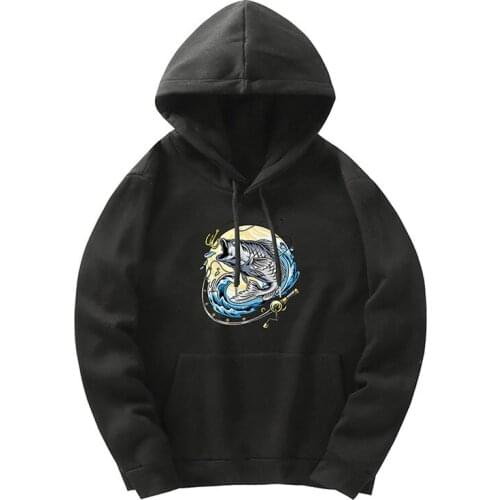 Fish Print Hoodies Sweatshirt Men Women 2021 Autumn Winter Black Oversized Fleece Hoodie Men Couple Japanese Streetwear Clothing