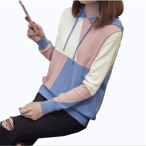 Women Short Knitted Hoodies 2018 New Fashion Autumn Winter Patchwork Color Women Knitted Pullovers Loose Sweatshirts Hooded Q701