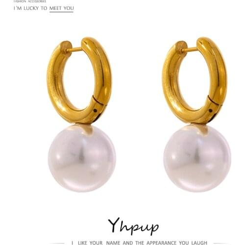 Yhpup Stainless Steel Round Hoop Earrings Elegant Imitation Pearls 18 K Earrings for Women High Quality Jewelry Party Gift