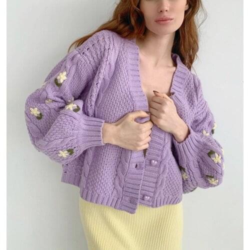 COKAGO Chic Flower Knittend Cardigan Tops Women V Neck Long Sleeve Korean Fashion Sweater Cardigans Female Loose Sweaters Coat