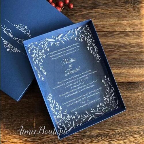 2020 white print clear acrylic wedding invitation with leaves design with blue box