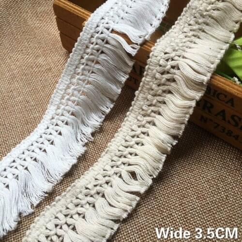 3.5CM Wide White Beige Cotton Embroidery 3D Lace Fabric Weaved Fringe Ribbon Tassel DIY Material Curtains Garment Sewing Decor