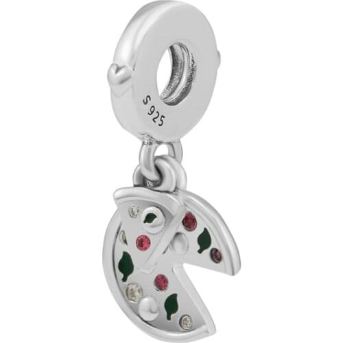CKK Silver 925 Jewelry Passion For Pizza Dangle Charm, Green Enamel, Red Crystal Original Sterling Silver Beads