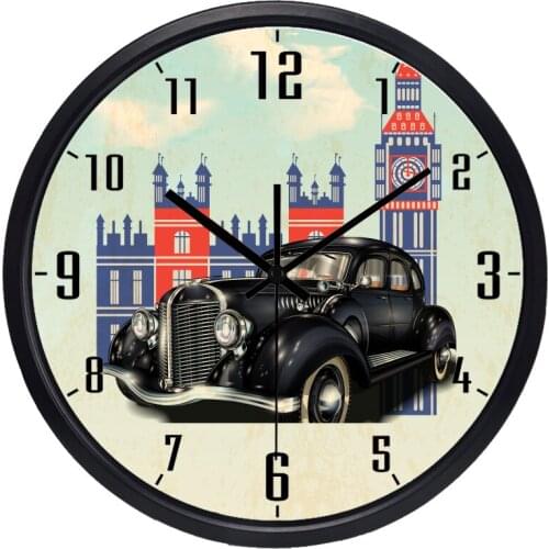 British Retro Classic Car Eiffel Tower Nostalgic Wall Clock Glass Cover Metal Frame