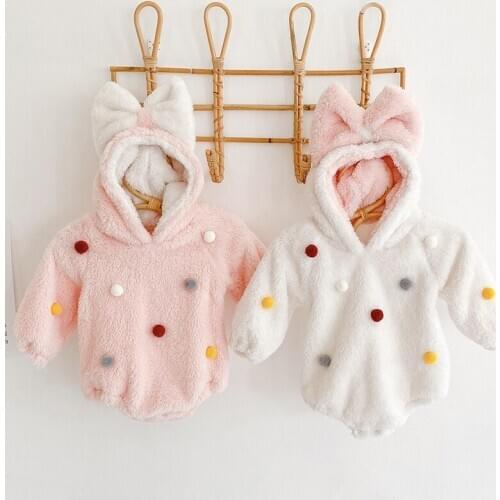 Winter Warm Baby Fleece Bodysuit Fashion Pompom Design Infant Baby Girls Long Sleeve Hooded Jumpsuit Autumn Baby Clothes