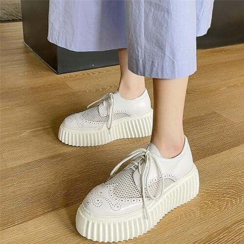 Fashion Sneakers Women Lace Up Genuine Leather Wedges High Heel Ankle Boots Female Breathable Platform Pumps Shoes Casual Shoes