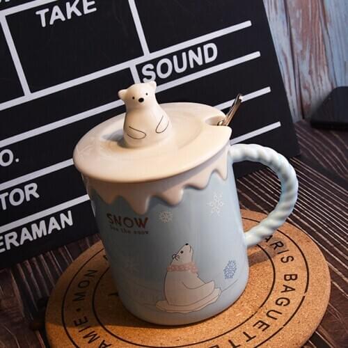 Cute Cartoon Ceramic Mug Coffee Cup with Lid Spoon Student Couple Water Mugs Breakfast Oatmeal Cup Family Funny Porcelain Cups