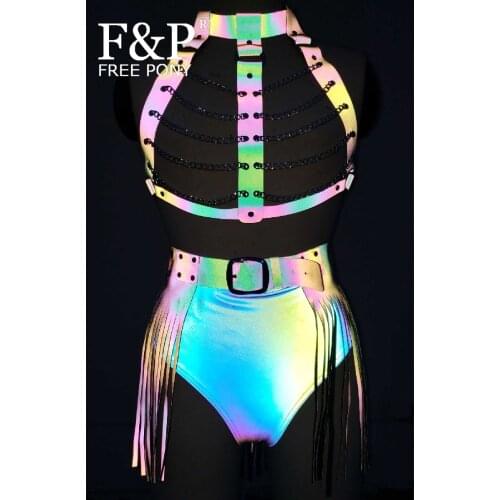 Rainbow Reflective Leather Chain Harness Outfit Fringe Clothing Burning Man Festival Costume Gogo Pole Dance Bottom Wear Clothes