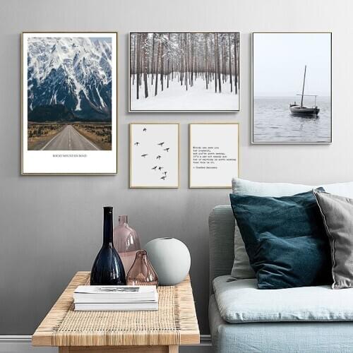 Wall Art Landscape Canvas Poster Nordic Snow Mountain Road Woods Ferry Print Painting Scandinavian Decoration Picture Home Decor