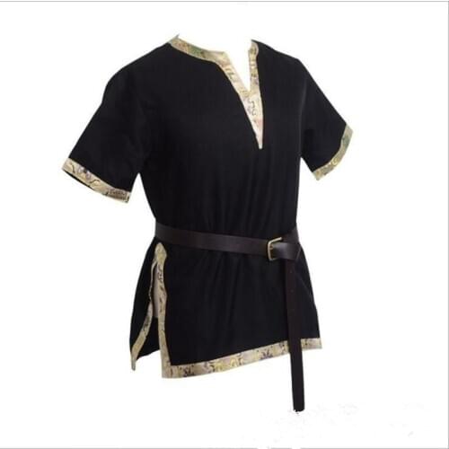 New Hot Medieval Shirt Laced Up Pirate Reenactment Renaissance Halloween Party Stage costume Landlord Knight Top With Belt S-XL