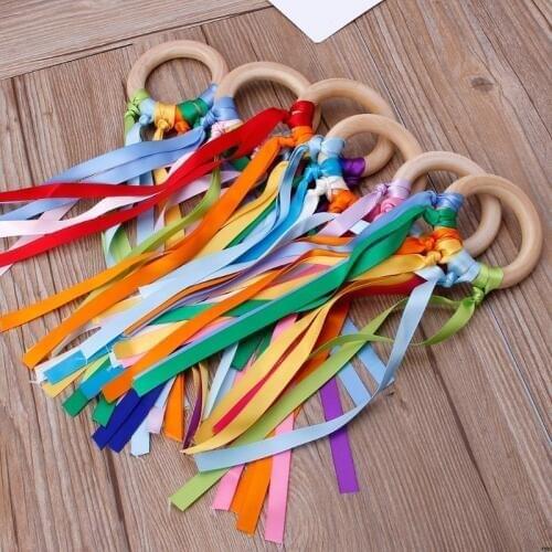Rainbow Natural Wooden Ribbon Ring Baby Teether Newborn Sensory Toy Shower Gift Baby Teether