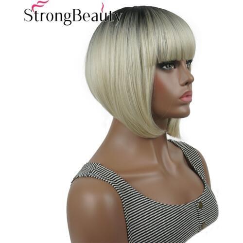StrongBeauty Short Straight Bob with Neat Bangs Natural Synthetic Capless Wig For Women Many Colors