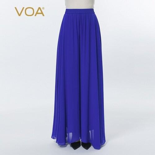 VOA Silk Georgette Blue Beef Tendon Elastic Natural Waist Double Fresh Elegant Simple Joker Wide Leg Trousers KE523