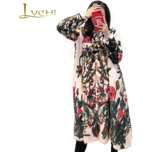 LVCHI Winter 2019 Import Real Mink Fur Coats Print Flower Womens Natural Fur Full Sleeve Print Short V-Neck Causal Mink Coats