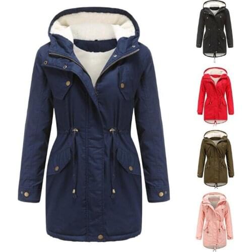 2021 European Version Winter New Women In Solid Color Hooded Rope Waist With Plush And Thickened Mid-Length Cotton Outerwear