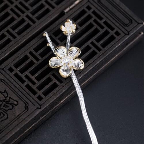 Genuine 925 Sterling Silver Hair Stick for Women Cute Flower Plum Blossom Chinese Traditional Hairstick Vintage Jewelry 2021