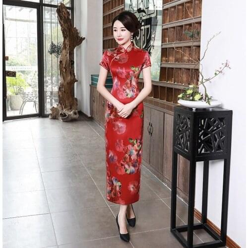 Spring Summer Traditional Chinese Long Cheongsam Short Sleeve Floral Print QIpao Mother Stage Party Dress Costumes Whoslae