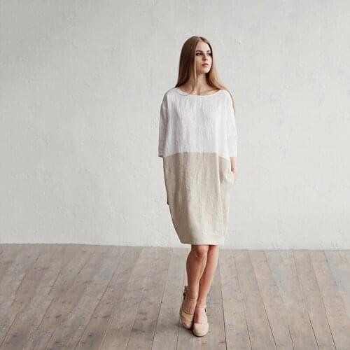 Plus Size Women Summer Tunic Dresses Plus Size Patchwork 1/2 Sleeved Cotton Linen Dress Elegant Casual O Neck Pockets Vestidos