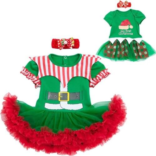 1st Christmas Dress Baby Girls Newborn Green Red Hat Santa Claus Polka Dot Tutu Dress+Headband New Year Party Outfits for Infant