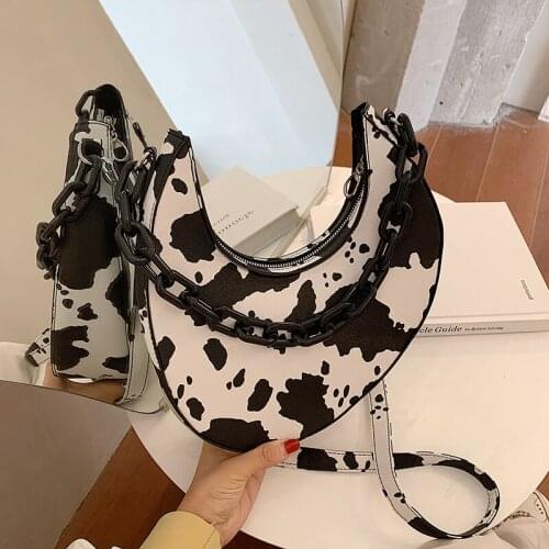 2020 Designer Half Moon Bag Women Cow Pattern Soft Leather Chain Shoulder Bags Brand Patchwork Messenger Bag Luxury Cute Handbag