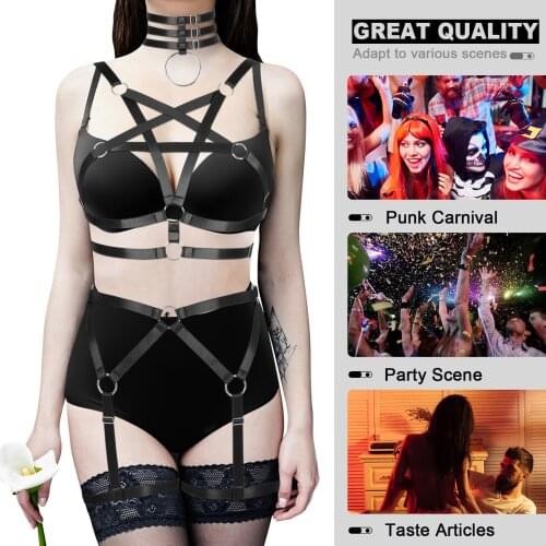 Collar Accessories Elastic Bondage Pentagram Harness For Women Cage Bra Thigh Bands Suspenders Garters Belt Sexy Lingerie Set