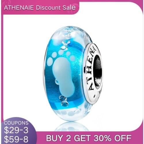 ATHENAIE New 925 Sterling Silver Baby Footprint Murano Glass Beads Blue Charms fit Charms Bracelets & Necklaces Jewelry Making