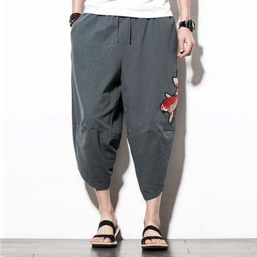 Cotton Men Harem Pants Calf Length Carp Embroidery Loose Pants Flax Trousers Autumn Cross Linen Pants Men Casual M-5XL