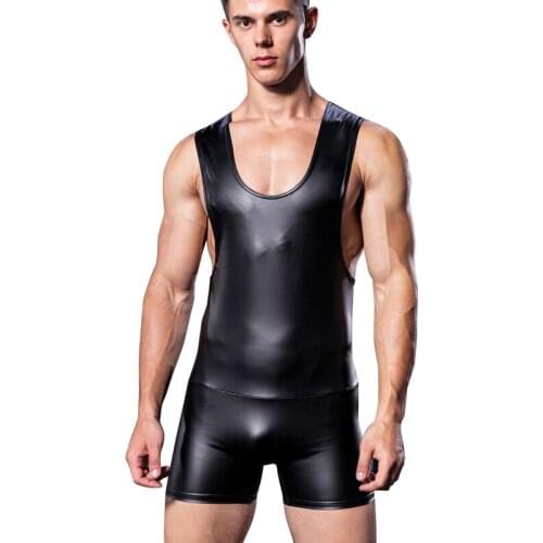 Black Gold Silver Men Metallic Faux Leather Tank Tops Sleeveless Short Jumpsuit Sexy Tight Bodysuit Fitness Wrestling Shapewear