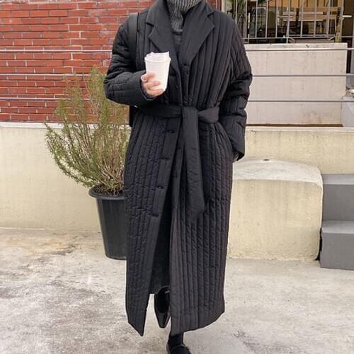 Retro Long Cotton-padded Jacket Lapel Single-breasted Pocket Lace-up Collect Waist Warm Harajuku Jacket Women Clothing 2020