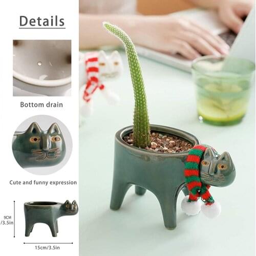 Cute Green Plants Flower Pot With Hole Ceramic Garden Pots Cute Cat Succulent Ceramic Flower Pot With Cat Scarf Plant Container