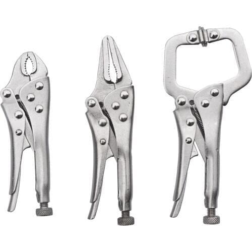 3Pcs Mini Vise Locking Pliers Set 4in. Curved Jaw and 5in. Long Nose and 5 in. C Clamp Assorted Locking Welding Clamp