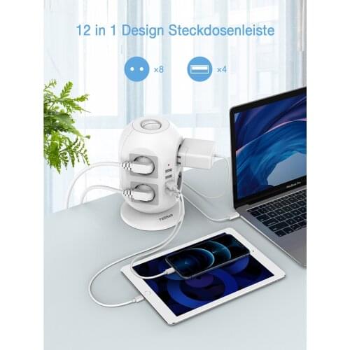 TESSAN Tower Power Strip Desktop Socket with 2M Extension Cable 8 AC Outlets and 4 USB Ports Electrical Charger EU Home Adapter