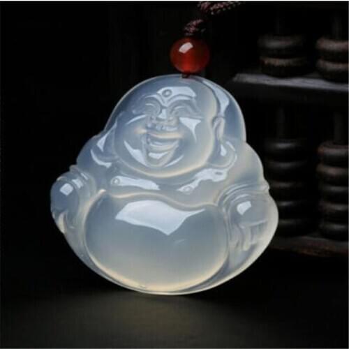 Natural Chalcedony Chinese Jadeite Icy Pendant Maitreya Buddha