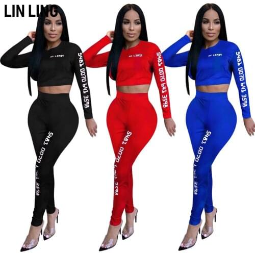 LINLING Sexy High Waisted Open Navel Lettered Offset Top Sports Warm Up Bodycon Stretch Pants Matching Suit