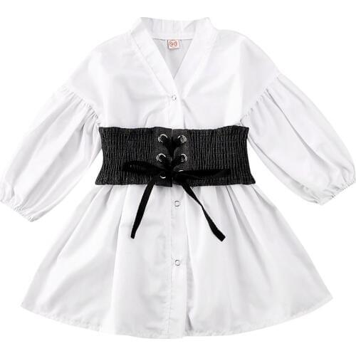 Toddler girl Puff Sleeve solid white shirt children baby girl long sleeve autumn shirts top with belt