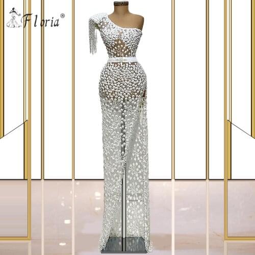 Sexy Pearls Evening Dresses With High Split Custom 2020 Long Dubai Runaway Prom Dress Party Night Gowns Vestidos De Festa