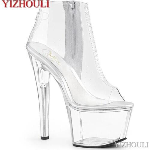 17 cm full transparent upper heels, low boots for banquet, 7 inch heels, catwalk for stage models, ankle boots
