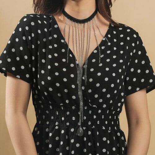 Simple Fashion Silver Color Metal Chain Tassel Necklaces For Women Vintage Black Hollow Lace Rope Chokers Necklace Party Jewelry