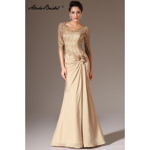 Formal Womens Dress Elegant Half Sleeve Champagne Lace Chiffon Mother of the Bride Dress vestido novia