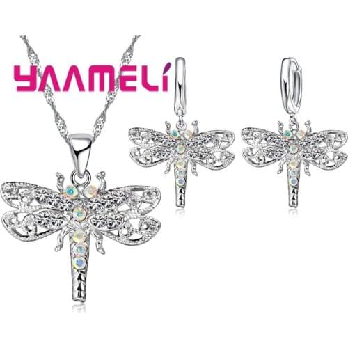 Shining Full Rhinestone Dragonfly Pendant Necklace Earrings Sets 925 Sterling Silver Animal Design Chain Jewelry