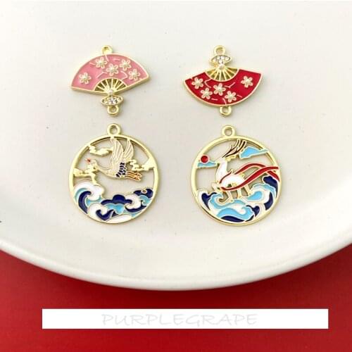 Color-preserved alloy tide ancient deer crane and wind double ceiling fan-shaped DIY earrings clothing accessories materials