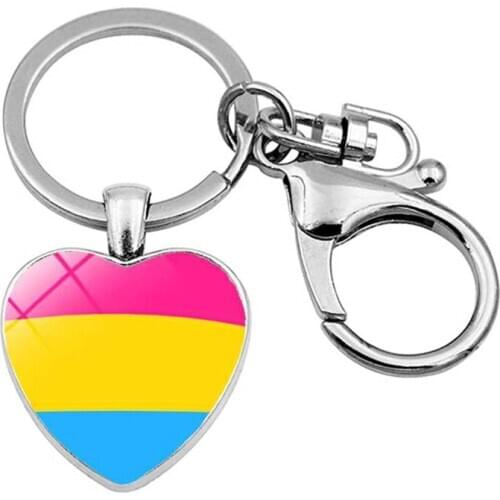 WG1pc Rainbow Color Gay Gay Pride Heart Shaped Time Gem&stone Keychain Keyring Pendant Metal Cabochon Glass Key Chain Jewelry